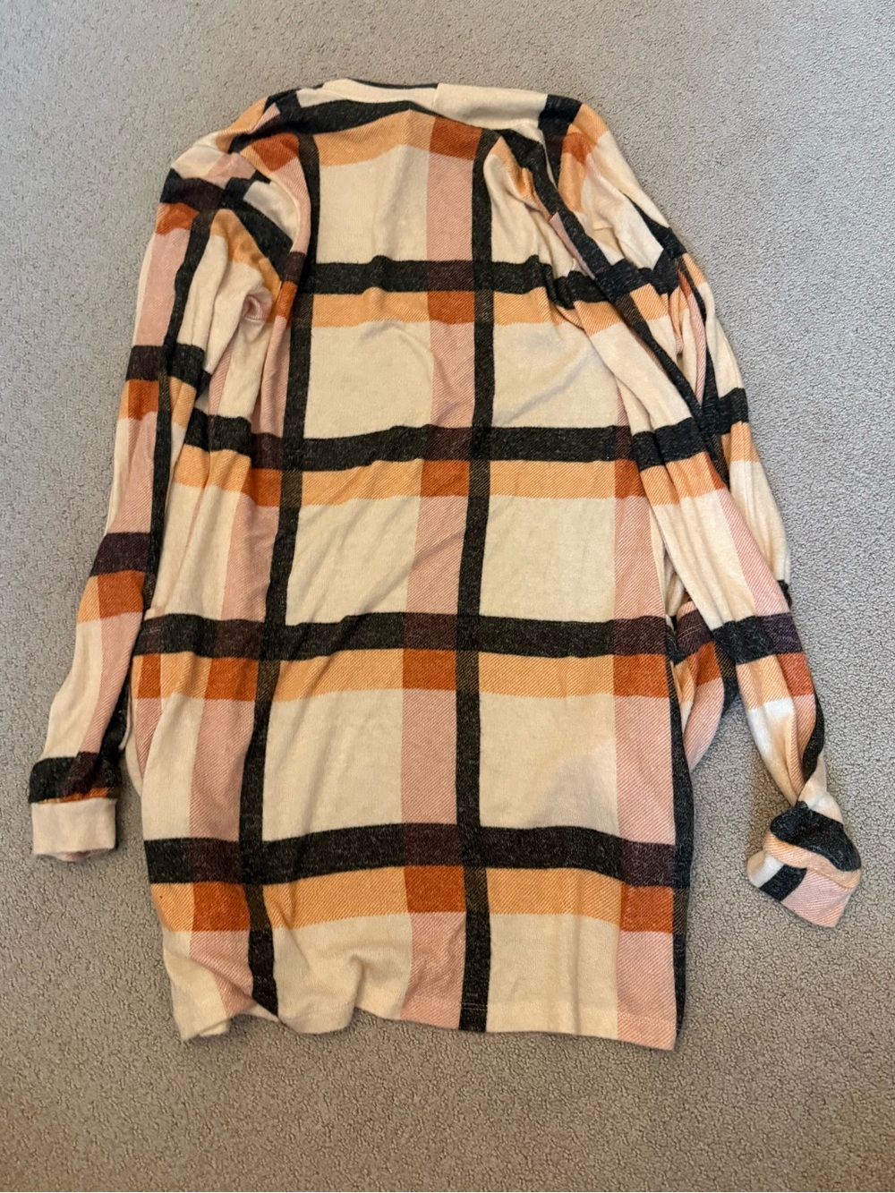Bobeau Pink, Tan & Black/Grey Plaid Open Long Cardigan w/Pockets - Soft - Sz XS - Picture 2 of 7